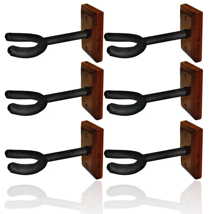 6 x Guitar Wall Hangers, foam padded hook, wood block mount wooden, base