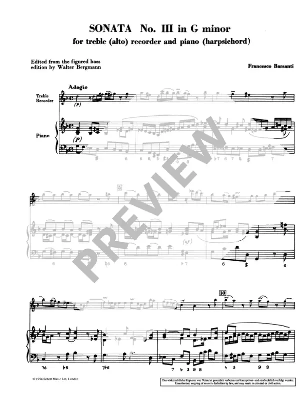 Barsanti Sonata No. 3 in G Minor for Treble Recorder and Continuo