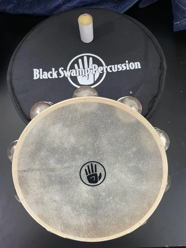 Black Swamp Sound Art Tambourine, Natural Head, German Silver Zils, Display Model