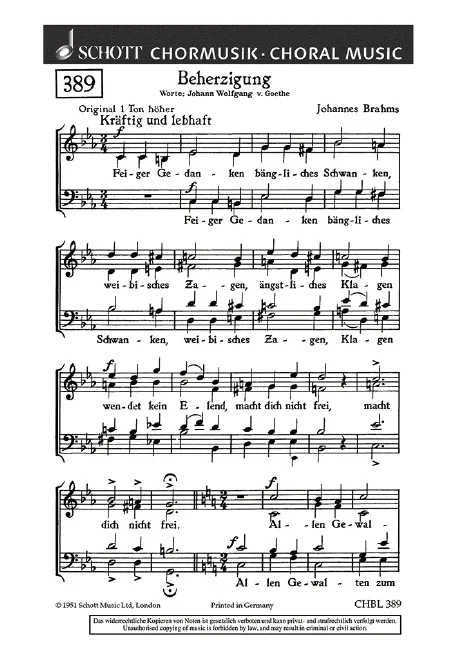 Brahms, Johannes : Brahms, Johannes : Beherzigung, “Feiger Gedanken” – mixed choir (SATB) – Schott Digital