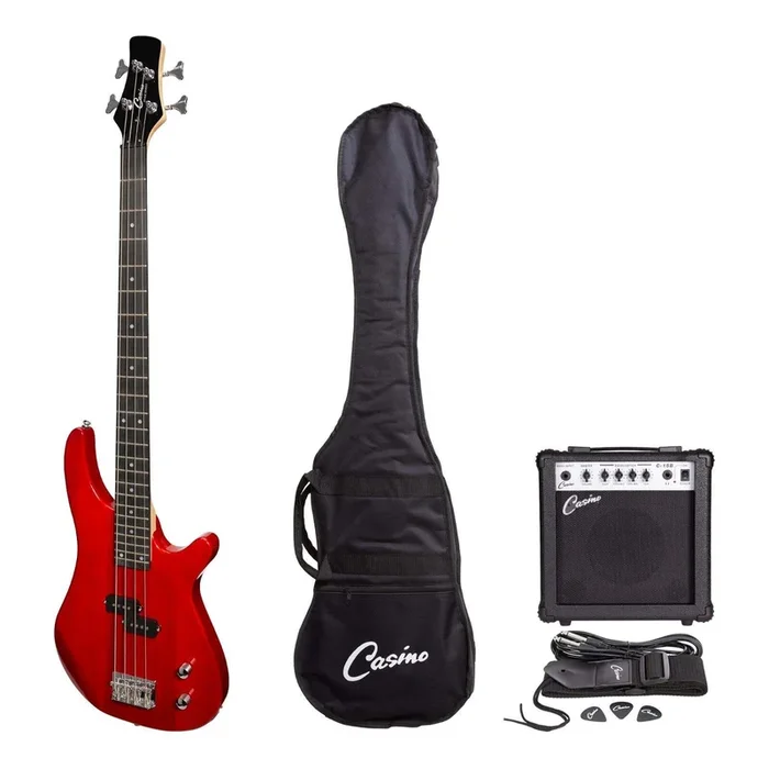 Casino ’24 Series’ Tune-Style Electric Bass Guitar and 15 Watt Amplifier Pack (Transparent Wine Red)