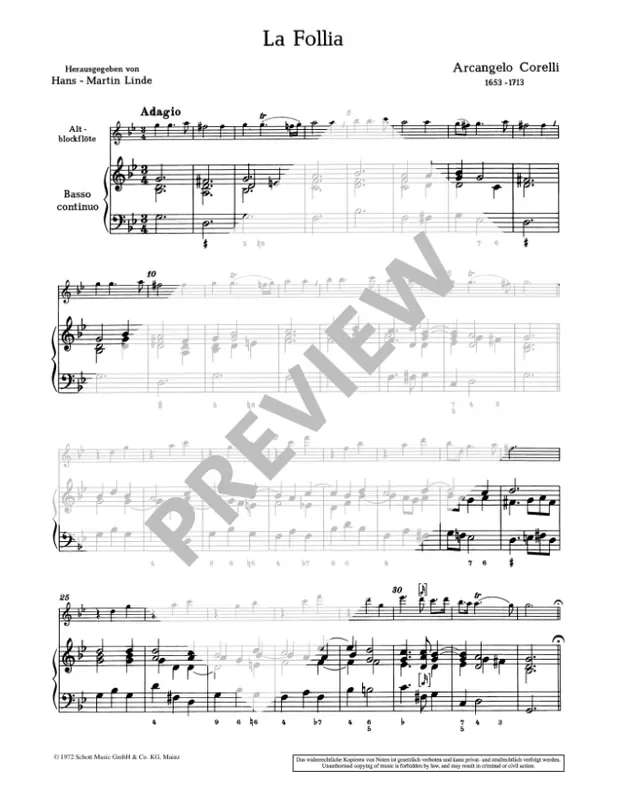 Corelli La Follia for Treble Recorder and Continuo