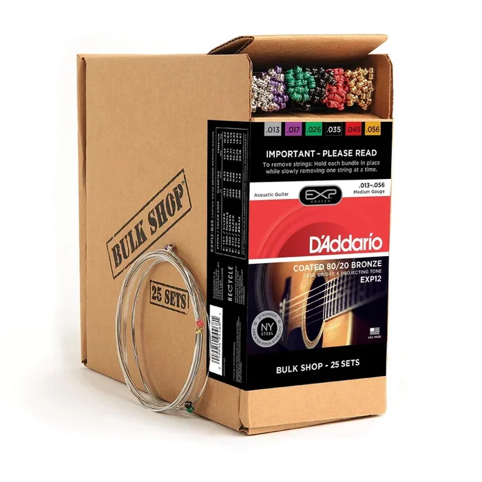 D’Addario EXP12 Coated 80-20 Bronze Acoustic Guitar Strings, Medium, 13-56, 25 Sets