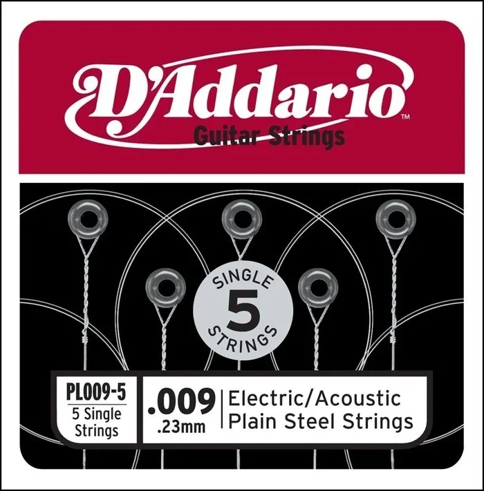 D’Addario PL009-5 Plain Steel Guitar Single String, .009, 5-pack