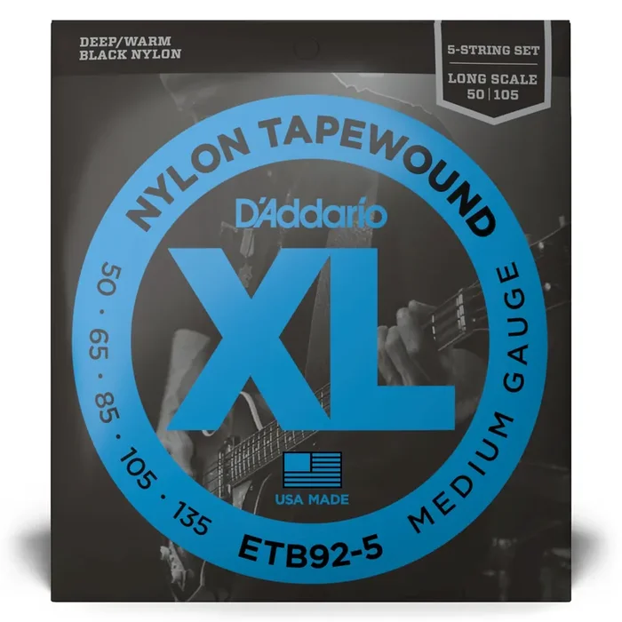 D‘Addario Black Nylon Tapewound 50-135 5-String Bass Guitar Strings, Long Scale [ETB92-5]