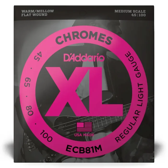 D‘Addario Chromes 45-100 Stainless Steel Flatwound Bass Guitar Strings, Medium Scale [ECB81M]