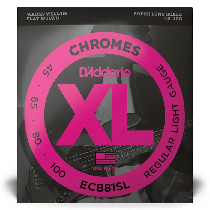 D‘Addario Chromes 45-100 Stainless Steel Flatwound Bass Guitar Strings, Super Long Scale [ECB81SL]