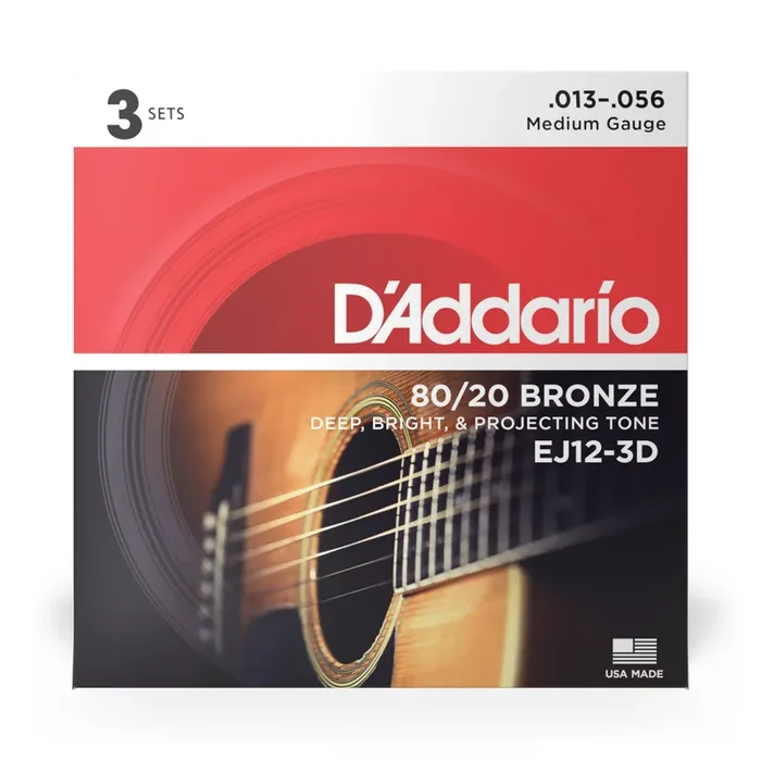 D‘Addario EJ12 80/20 Bronze 13-56 Acoustic Guitar Strings, Medium, 3-Pack