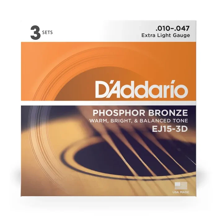 D‘Addario EJ15 Phosphor Bronze 10-47 Acoustic Guitar Strings, Extra Light, 3-Pack