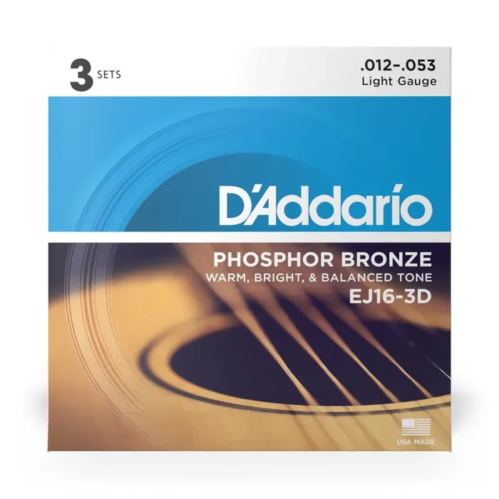 D‘Addario EJ16 Phosphor Bronze 12-53 Acoustic Guitar Strings, Light, 3-Pack