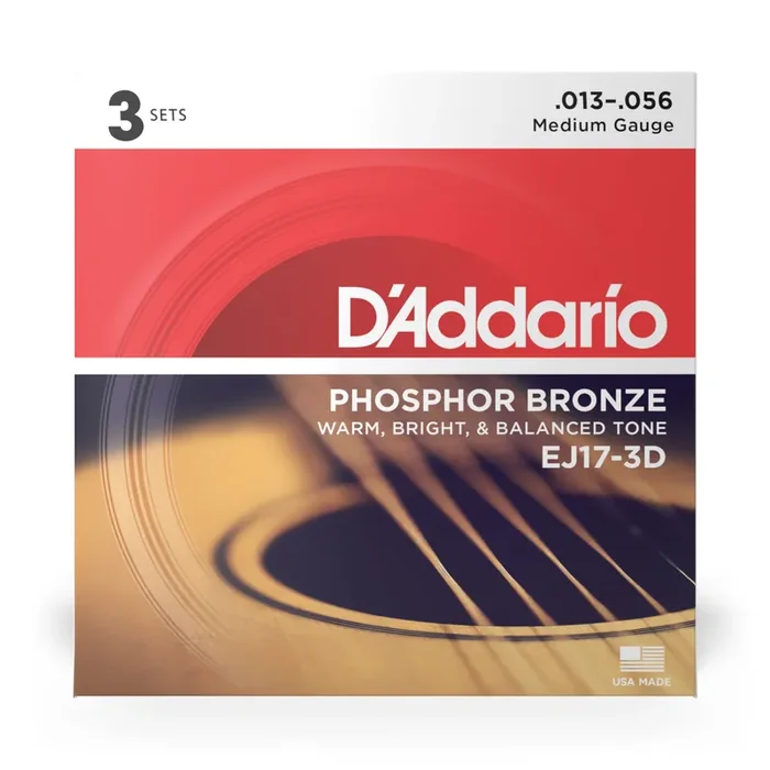 D‘Addario EJ17 Phosphor Bronze 13-56 Acoustic Guitar Strings, Medium, 3-Pack