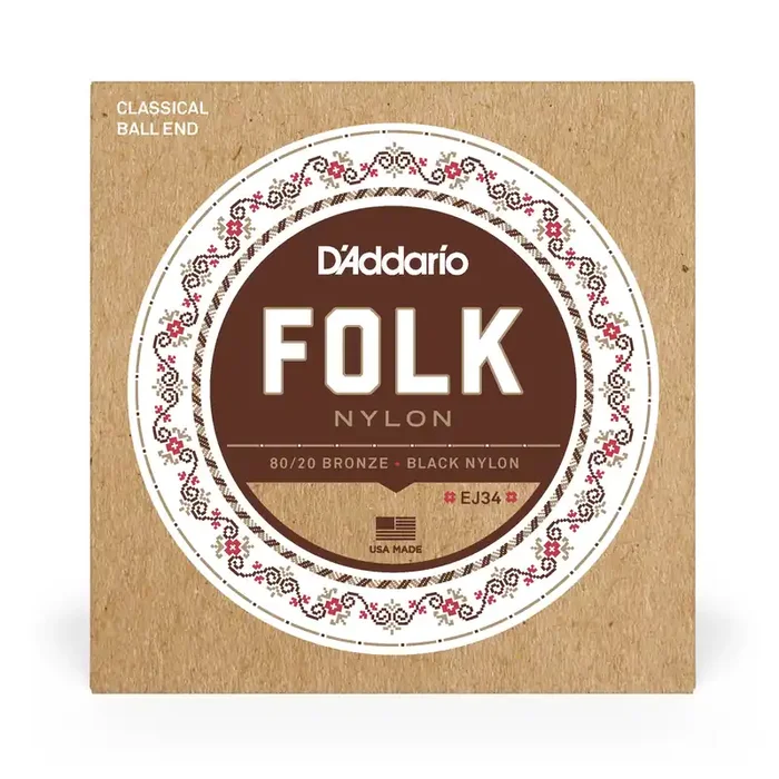 D‘Addario EJ34 Folk Nylon 80/20 Bronze & Black Nylon Acoustic Guitar Strings, Ball-End