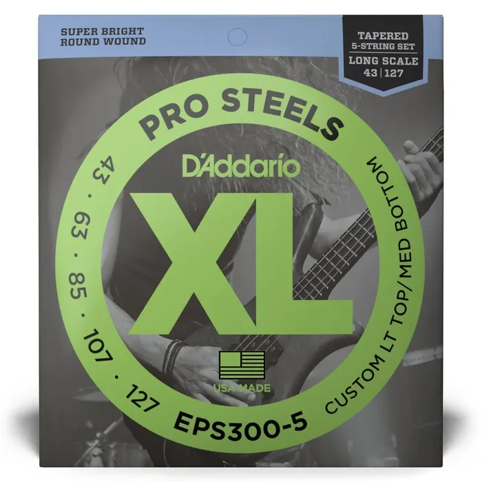 D‘Addario Pro Steels Stainless Steel 43-127 5-String Bass Guitar Strings, Tapered Long Scale [EPS300-5]