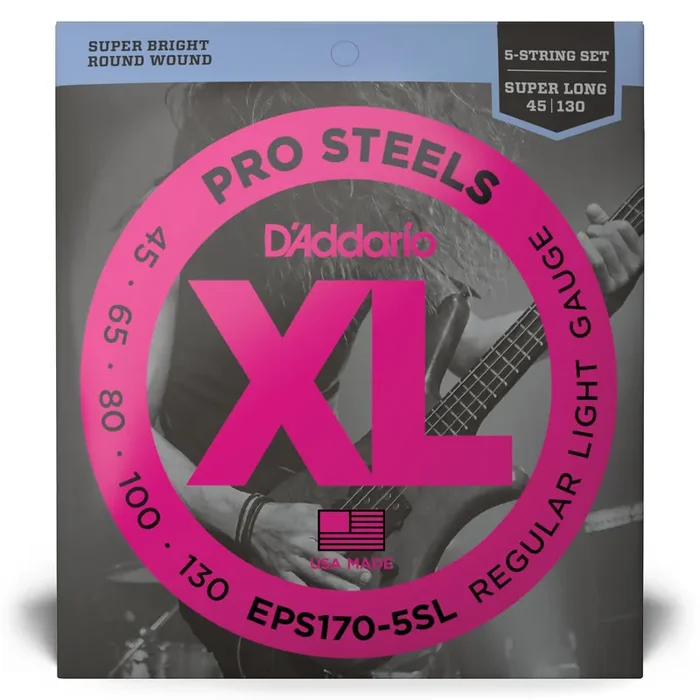 D‘Addario Pro Steels Stainless Steel 45-130 5-String Bass Guitar Strings, Super Long Scale [EPS170-5SL]