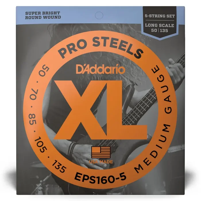 D‘Addario Pro Steels Stainless Steel 50-135 5-String Bass Guitar Strings, Long Scale [EPS160-5]