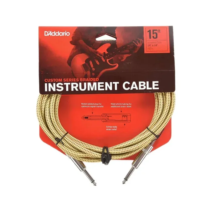 D‘Addario PW-BG-15TW Braided Straight to Straight Instrument Cable, 15 Feet, Tweed