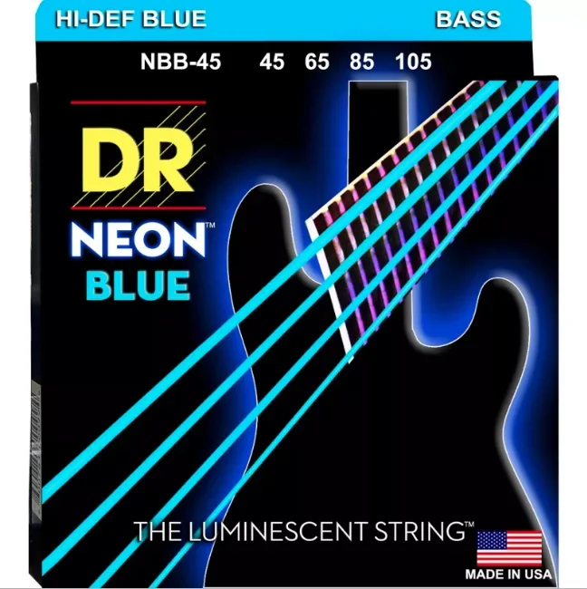 DR Strings Hi-Def Coated NEON Blue Light Electric Bass Guitar Strings 40-100