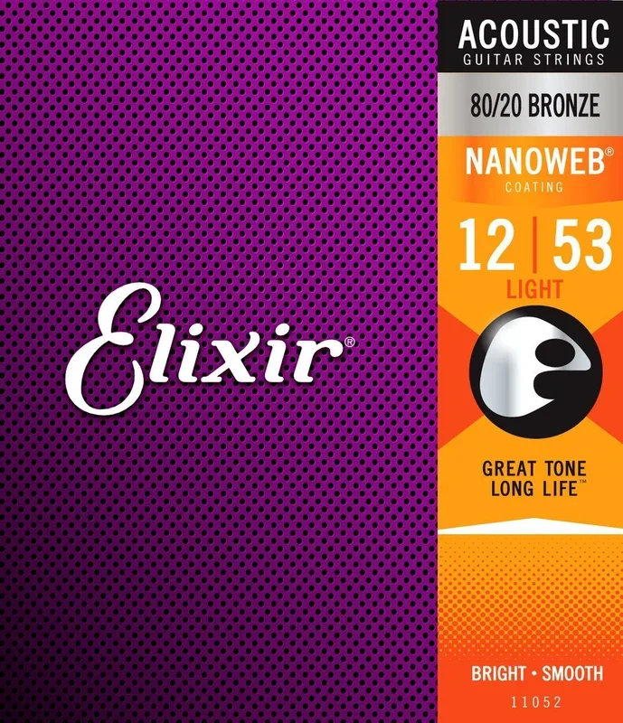 Elixir 11052 Nanoweb Acoustic 80/20 Bronze Light Guitar Strings 12-53 Gauge