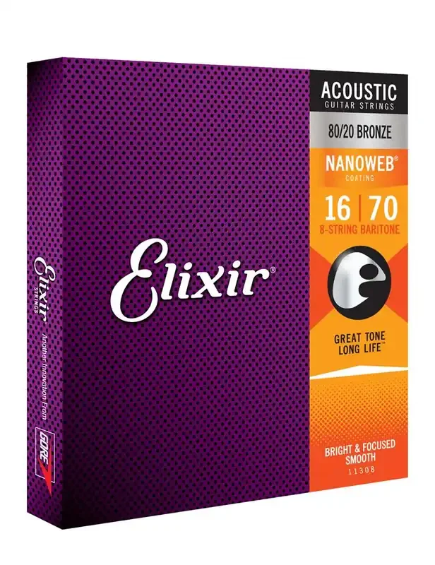 Elixir Nanoweb 16-70 80/20 Bronze Baritone 8-String Acoustic Guitar Strings