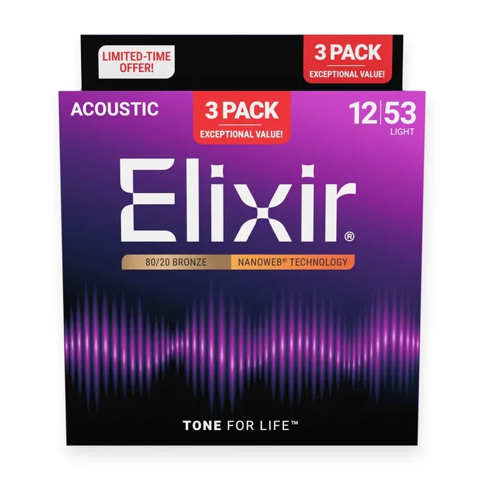 Elixir Nanoweb 80/20 Bronze 12-53 Acoustic Guitar Strings, 3-Pack