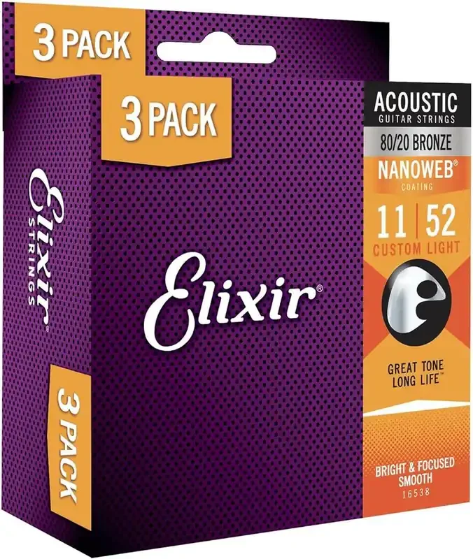 Elixir Nanoweb (Custom Light) 80/20 Bronze Acoustic Strings – Triple Pack