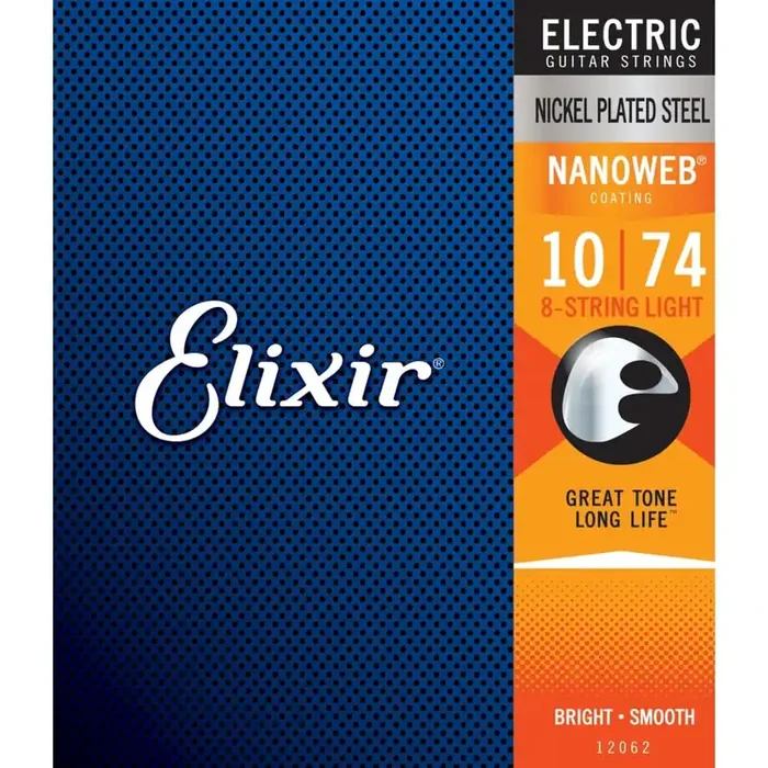 Elixir Nanoweb Nickel Wound 8-String 10-74 Electric Guitar Strings, Light [12062]
