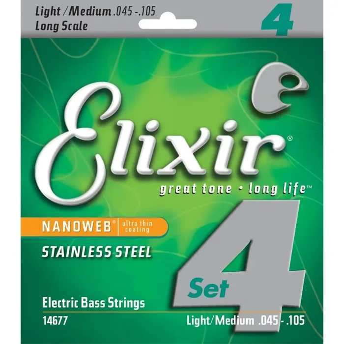 Elixir Nanoweb Stainless Steel 45-105 Bass Guitar Strings, Long Scale [14677]