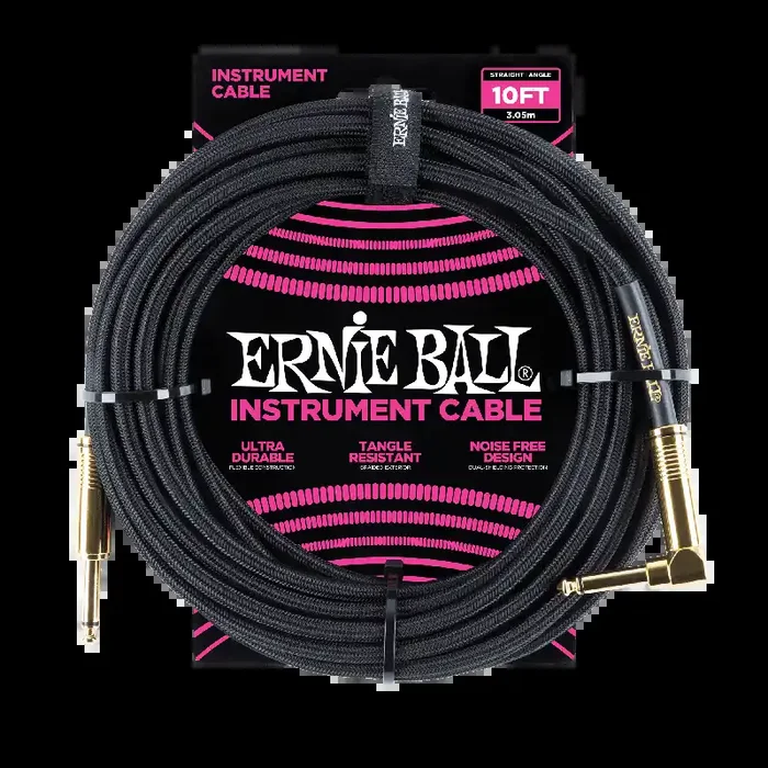 Ernie Ball 10ft / 3m Black Braided Right Angle – Straight Jack Cable