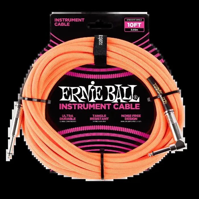 Ernie Ball 10ft / 3m Neon Orange Braided Right Angle – Straight Jack Cable
