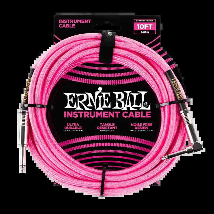 Ernie Ball 10ft / 3m Neon Pink Braided Right Angle – Straight Jack Cable