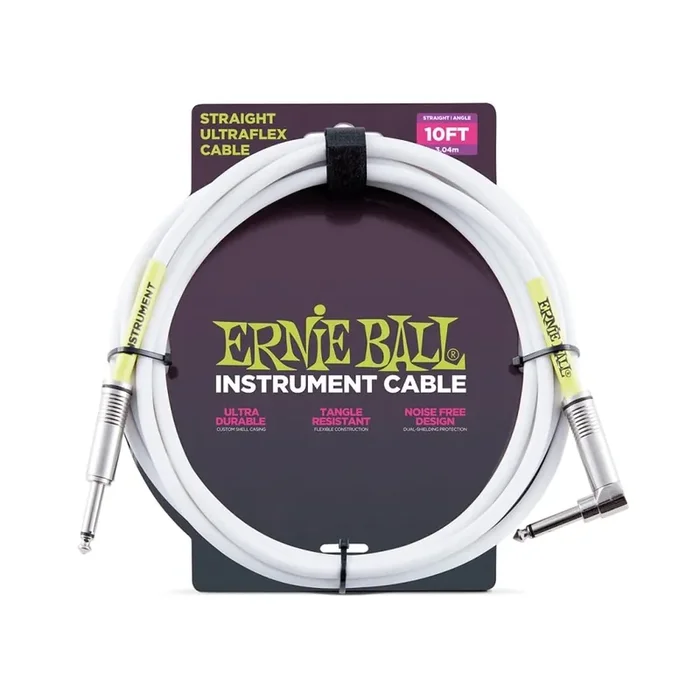 Ernie Ball 10ft White Instrument Guitar Cable Straight – Angled
