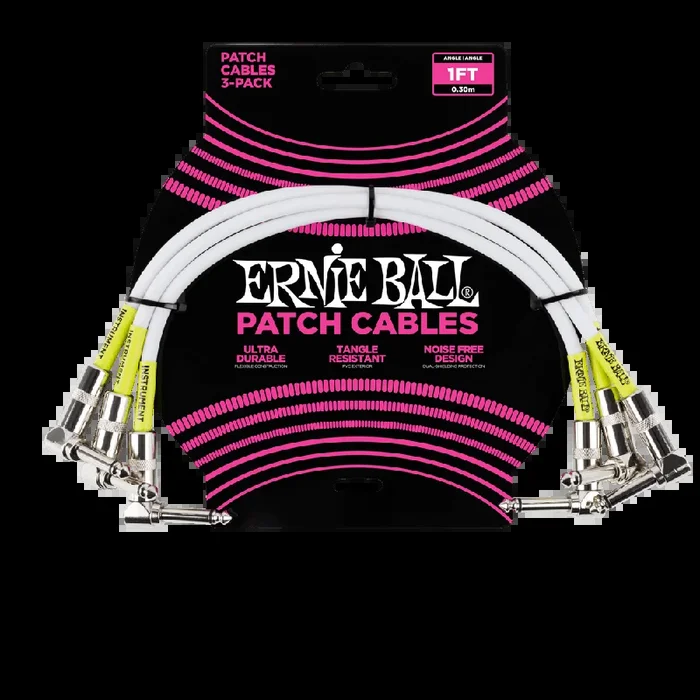 Ernie Ball Angle / Angle Patch Cable 3 Pack, White, 30cm Length