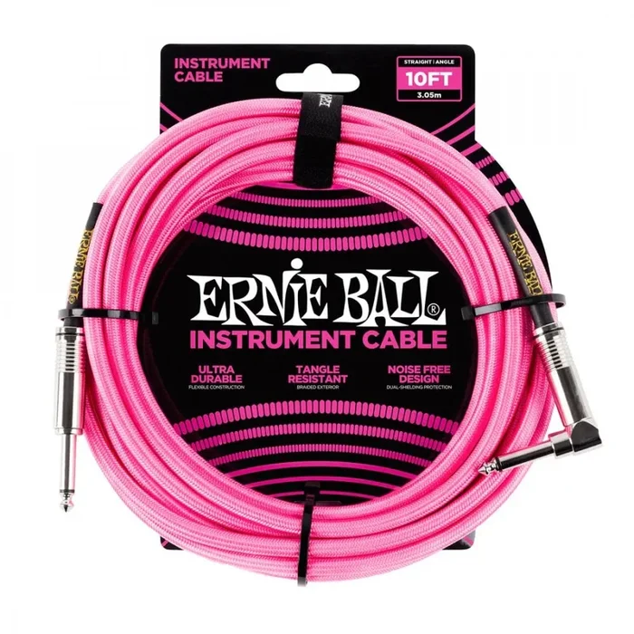 Ernie Ball Braided Instrument Cable | 1/4 ” – Angled – 10′ – Pink