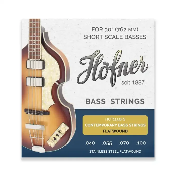 Hofner Contemporary Flatwound Steel 40-100 Bass Guitar Strings, Short Scale