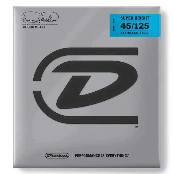 Jim Dunlop Marcus Miller Super Bright Stainless Steel 45-125 5-String Bass Guitar Strings, Long Scale