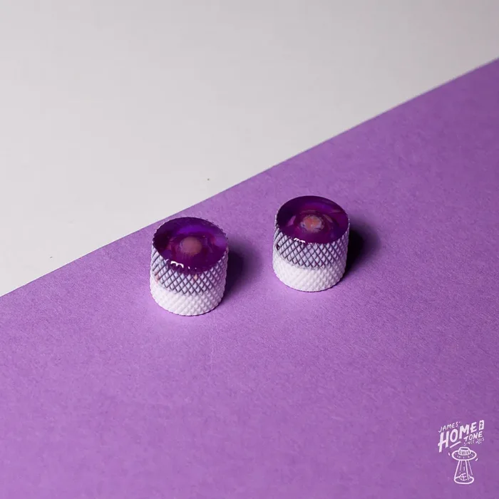 Knob Head custom – Purple and while knurled push-fit control knob duo