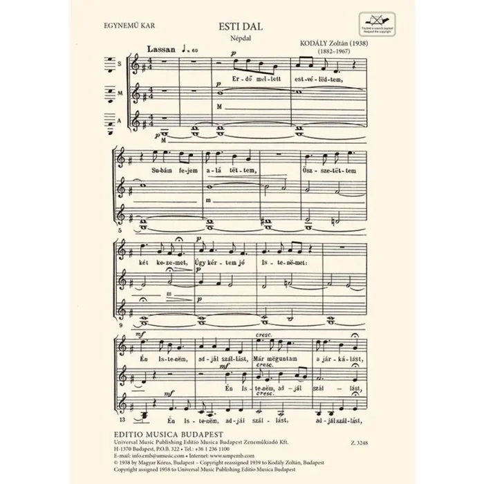 Kodály, Zoltán – Evening Song (Esti Dal) SSA