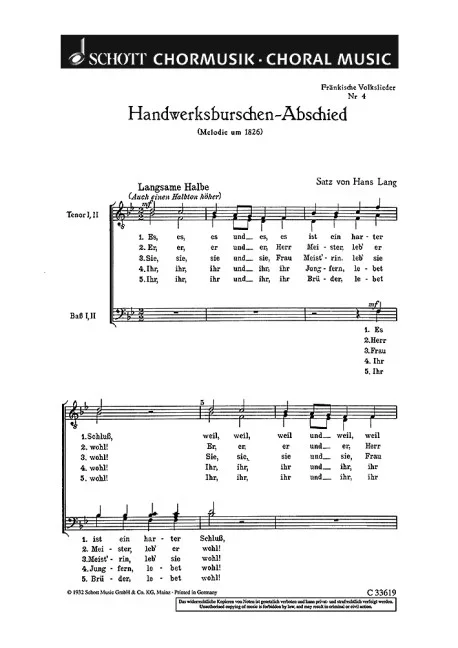 Lang, Hans : Lang, Hans : Fränkische Volkslieder, 4. Handwerksburschen-Abschied – men’s choir (TTBB) – Schott Di