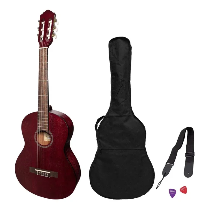 Martinez ‘Slim Jim’ 3/4 Size Student Classical Guitar Pack with Built In Tuner (Red)