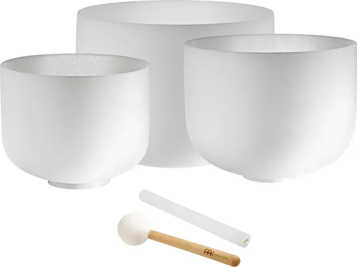 Meinl Sonic Energy Crystal Singing Bowl Set, white-frosted, Note G4, E4, C4, Throat Chakra, Solarplexus Chakra, Root Chakra