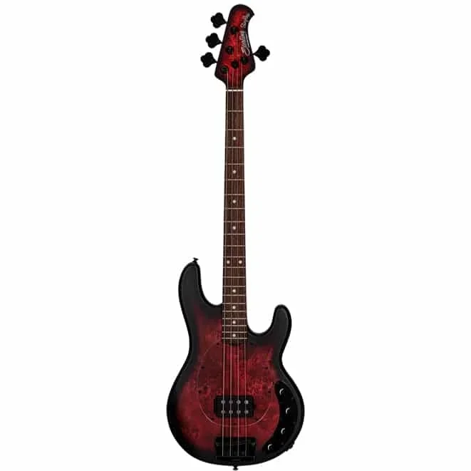 Sterling by Music Man SBMM StingRay RAY34 Poplar Burl, Dark Scarlet Burst Satin Bass