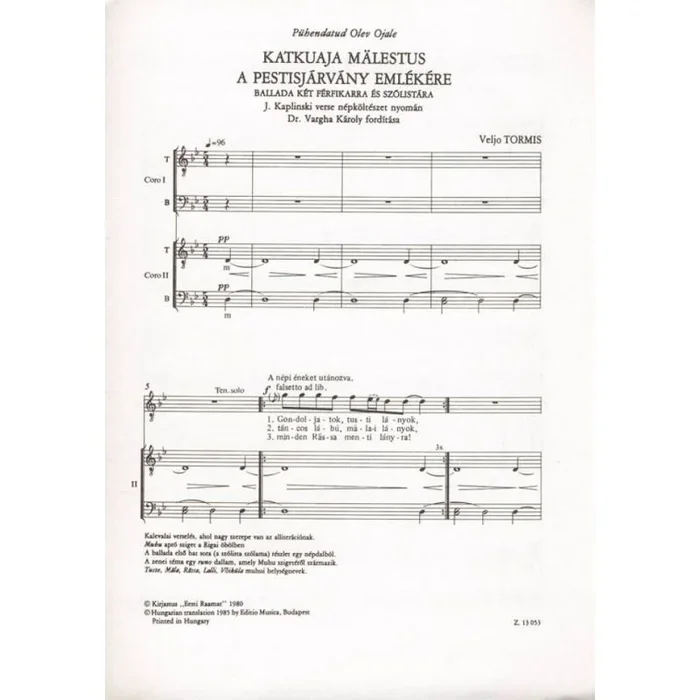 Tormis, Veljo – A pestisjarvany emlere