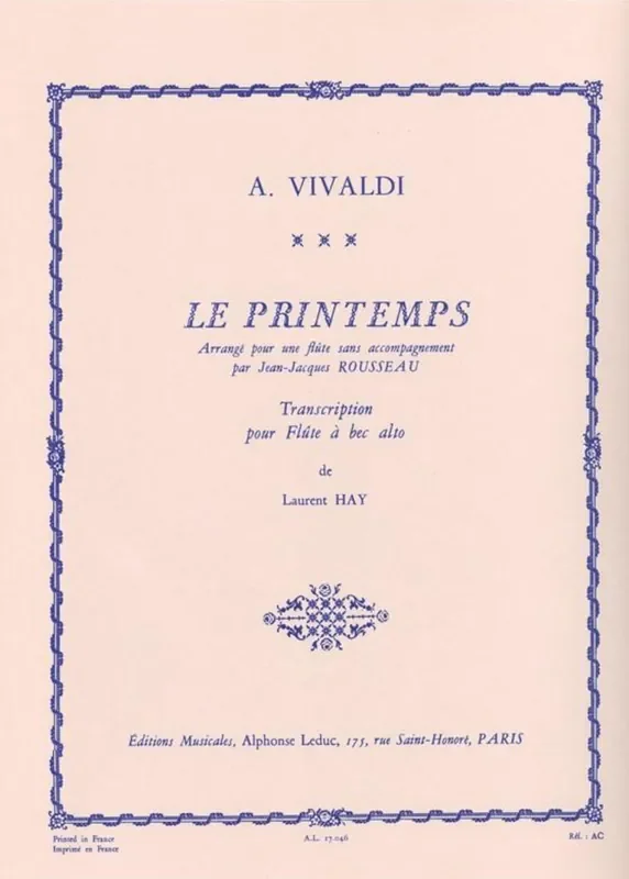 Vivaldi Spring arranged for Solo Alto Recorder