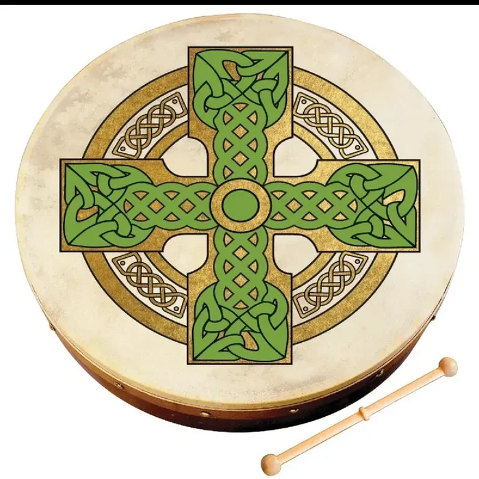 Waltons 8 Inch Bodhran Cloghan Cross Print with Wooden Beater